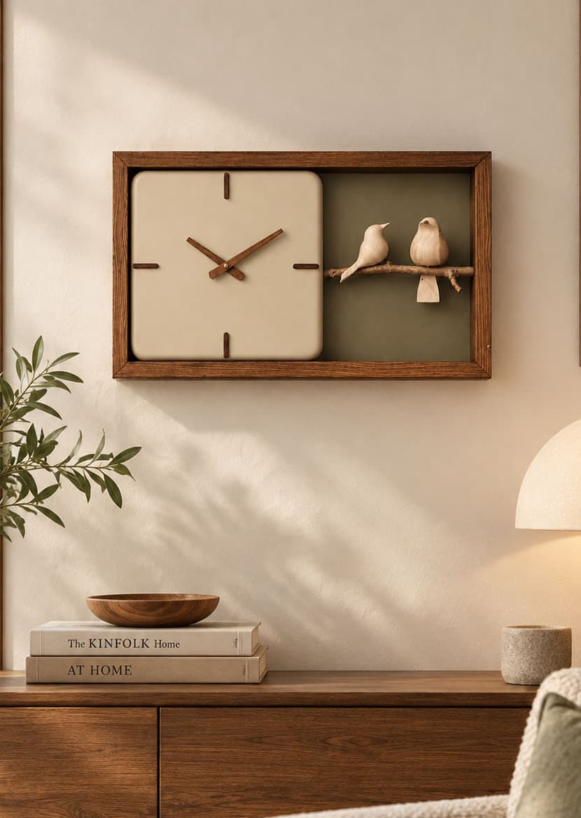 Sculptural clock and decor in a warm interior
