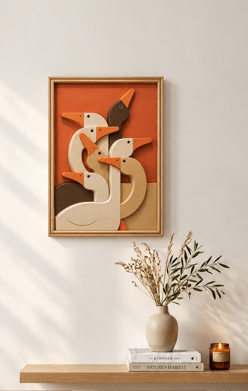 Sculptural bird wall art in a dark interior