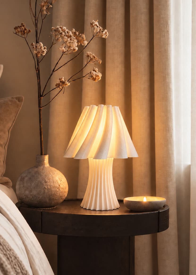 A warm table lamp in a calm bedroom