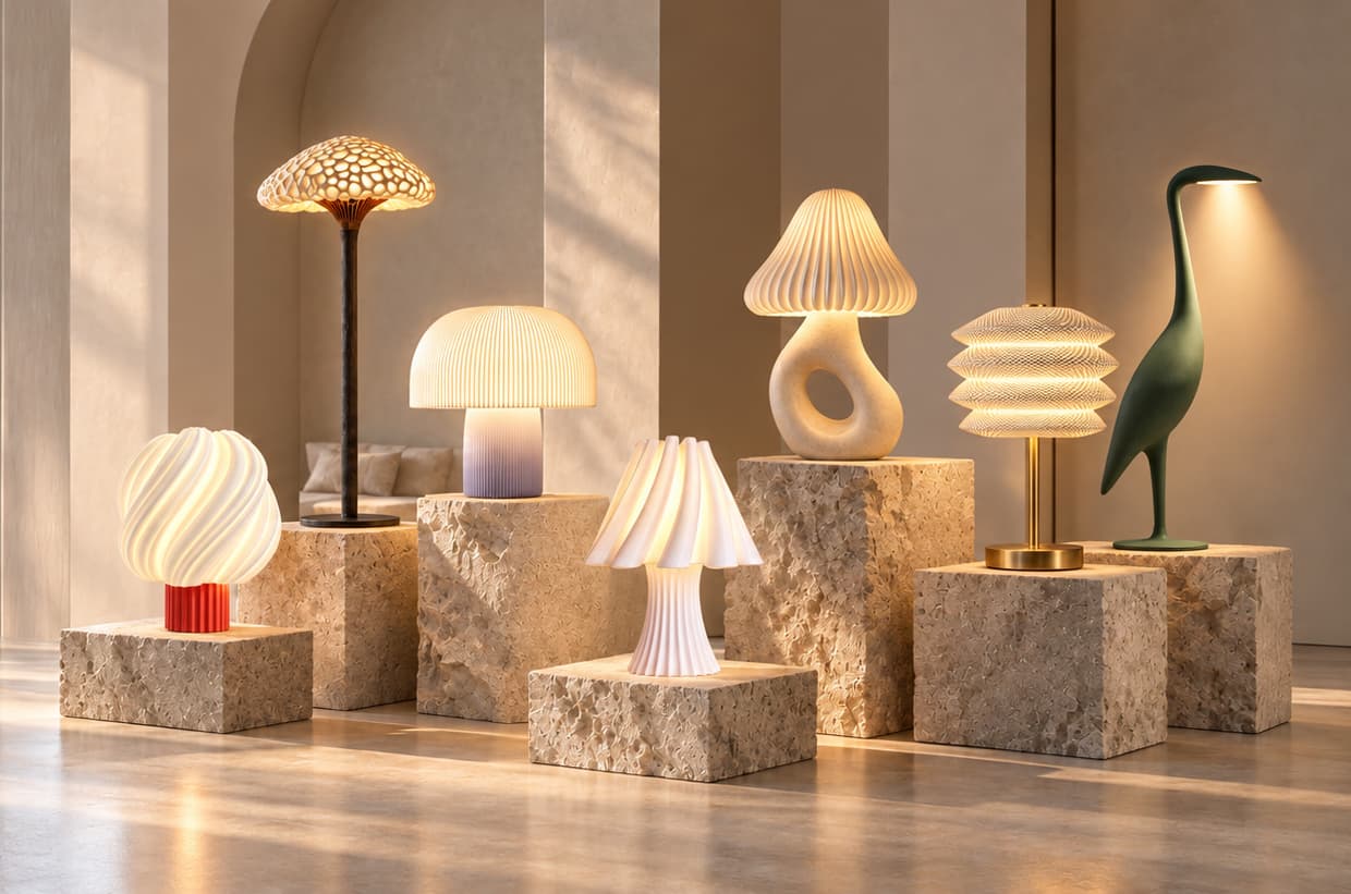 EDITION8 table lamp illuminating a warm contemporary interior