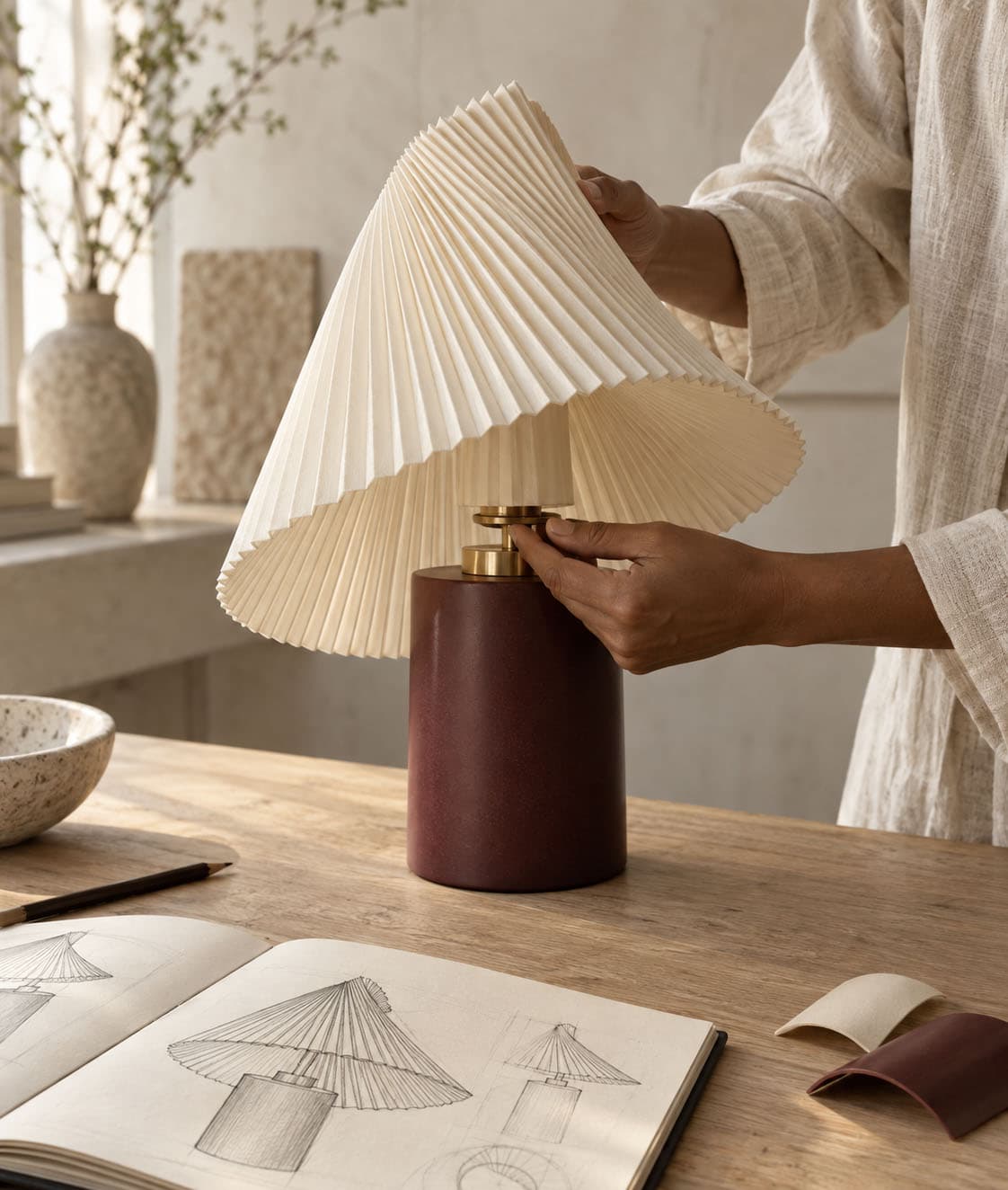 A monochrome EDITION8 interior with a pendant light and sculptural decor
