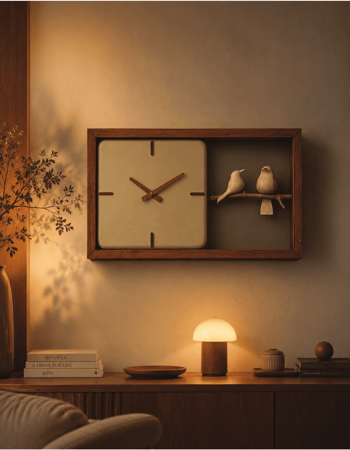 Sculptural clock and decor in a warm interior
