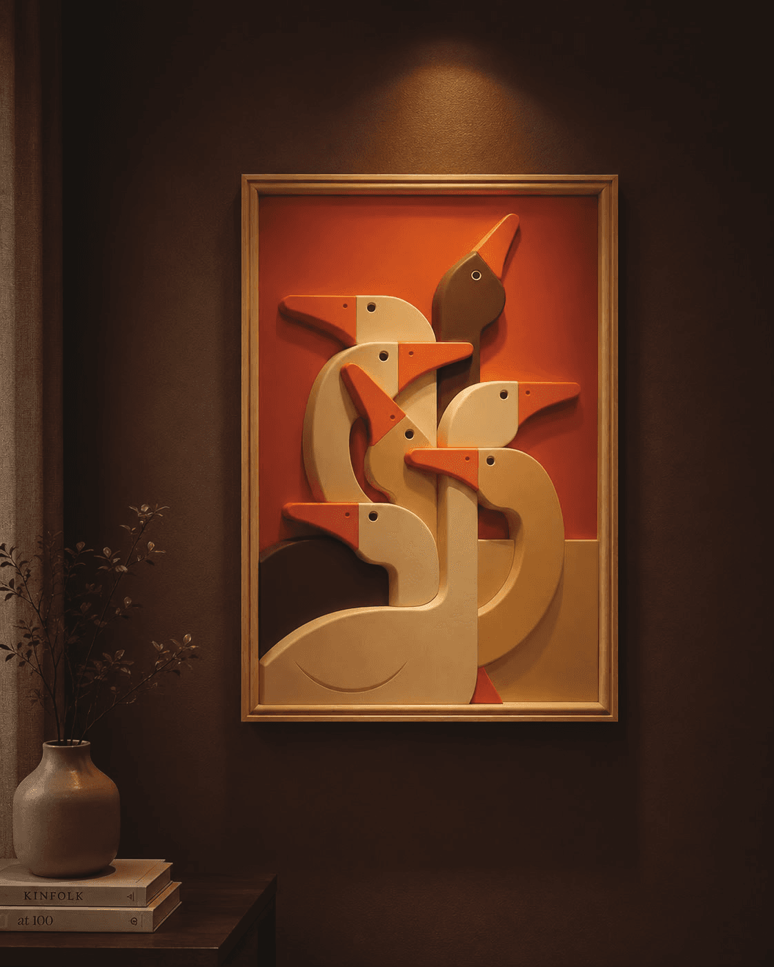 Sculptural bird wall art in a dark interior