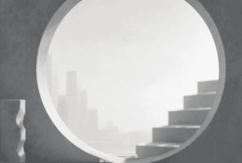 A monochrome circular architectural opening and staircase