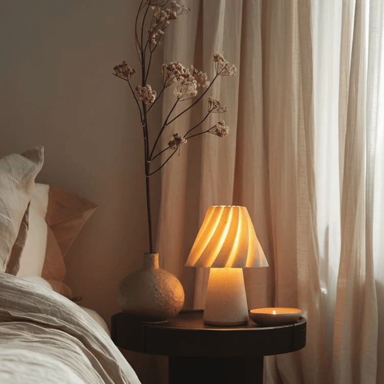 Sculptural table lamp shown in day and night interiors