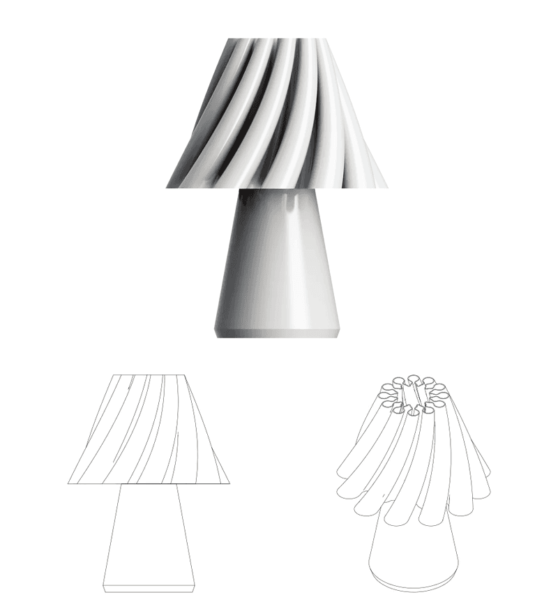 Product render and line drawings of the sculptural table lamp